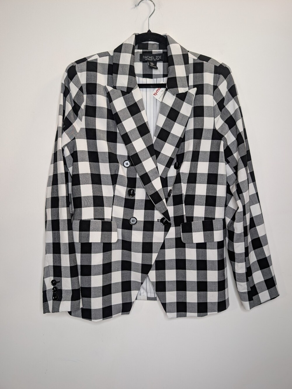 Rachel Zoe NWT Buffalo Plaid Double Breasted Blazer Jacket Black White